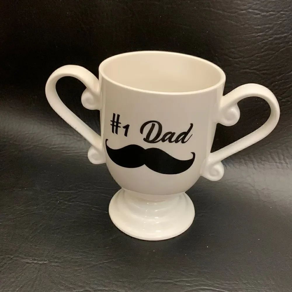 #1 DAD Black White Mustache Double Handle Trophy Celebration Coffee Drinking Mug